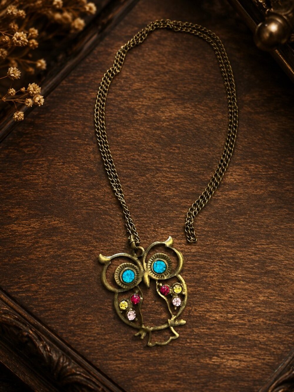 Vintage Brassy Rhinestone Owl Necklace